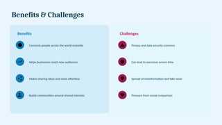 Benefits & Challenges
Benefits
Connects people across the world instantly
Helps businesses reach new audiences
Makes sharing ideas and news effortless
Builds communities around shared interests
Challenges
Privacy and data security concerns
Can lead to excessive screen time
Spread of misinformation and fake news
Pressure from social comparison
 