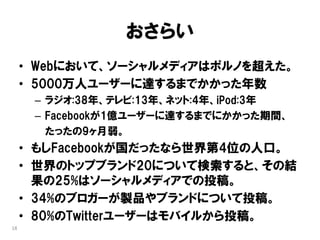 おさらい
     • Webにおいて、ソーシャルメディアはポルノを超えた。
     • 5000万人ユーザーに達するまでかかった年数
      – ラジオ:38年、テレビ:13年、ネット:4年、iPod:3年
      – Facebookが1億ユーザーに達するまでにかかった期間、
        たったの9ヶ月弱。
     • もしFacebookが国だったなら世界第4位の人口。
     • 世界のトップブランド20について検索すると、その結
       果の25%はソーシャルメディアでの投稿。
     • 34%のブロガーが製品やブランドについて投稿。
     • 80%のTwitterユーザーはモバイルから投稿。
18
 