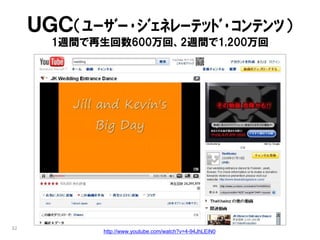 ＵＧＣ（ﾕｰｻﾞｰ･ｼﾞｪﾈﾚｰﾃｯﾄﾞ･ｺﾝﾃﾝﾂ）
       1週間で再生回数600万回、2週間で1,200万回




32
             http://www.youtube.com/watch?v=4-94JhLEiN0
 