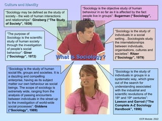 What Is Sociology? “ Sociology may be defined as the study of society - the web of human interactions and relationships”:  Ginsberg (“The Study of Society”, 1939) “ Sociology is the objective study of human behaviour in so far as it is affected by the fact people live in groups”:  Sugarman (“Sociology”, 1968) “ Sociology is the study of individuals in a social setting…Sociologists study the interrelationships between individuals, organisations, cultures and societies”:  Ritzer (“Sociology”, 1979) “ Sociology is the study of individuals in groups in a systematic way, which grew out of the search for understanding associated with the industrial and scientific revolutions of the 18 th  and 19 th  centuries”:  Lawson and Garrod (“The Complete A-Z Sociology Handbook”, 1996) “ Sociology is the study of human social life, groups and societies. It is a dazzling and compelling enterprise, having as its subject matter our own behaviour as social beings. The scope of sociology is extremely wide, ranging from the analysis of passing encounters between individuals in the street up to the investigation of world-wide social processes”:  Giddens (“Sociology”, 1989) “ The purpose of Sociology is the scientific study of human society through the investigation of people’s social behaviour”:  Giner (“Sociology”, 1972) 