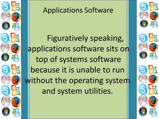 Applications Software
Figuratively speaking,
applications software sits on
top of systems software
because it is unable to run
without the operating system
and system utilities.
 