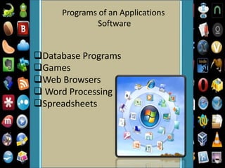 Programs of an Applications
Software
Database Programs
Games
Web Browsers
 Word Processing
Spreadsheets
 