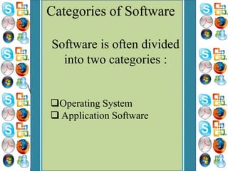 Categories of Software
Software is often divided
into two categories :

Operating System
 Application Software
 