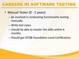 • Manual Tester (0 - 2 years)
– be involved in conducting functionality testing
manually.
– Write test cases
– should be able to master the skills within 6
months.
– Should get ISTQB Foundation Level Certification.
 