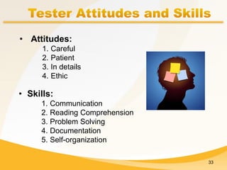 33
• Attitudes:
1. Careful
2. Patient
3. In details
4. Ethic
• Skills:
1. Communication
2. Reading Comprehension
3. Problem Solving
4. Documentation
5. Self-organization
 