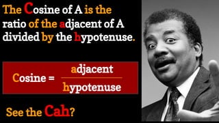 The Cosine of A is the
ratio of the adjacent of A
divided by the hypotenuse.
See the Cah?
Cosine =
hypotenuse
adjacent
 