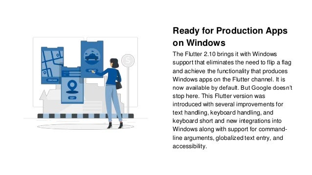 Ready for Production Apps
on Windows
The Flutter 2.10 brings it with Windows
support that eliminates the need to flip a flag
and achieve the functionality that produces
Windows apps on the Flutter channel. It is
now available by default. But Google doesn’t
stop here. This Flutter version was
introduced with several improvements for
text handling, keyboard handling, and
keyboard short and new integrations into
Windows along with support for command-
line arguments, globalized text entry, and
accessibility.
 