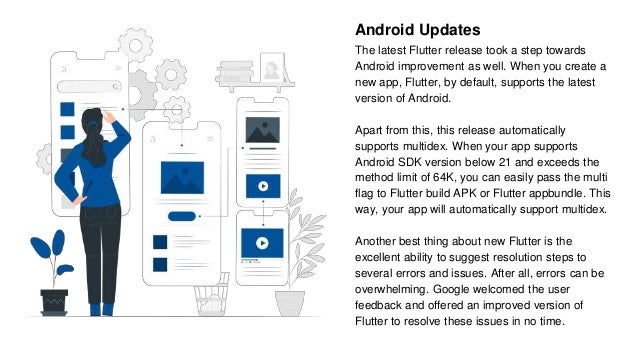 Android Updates
The latest Flutter release took a step towards
Android improvement as well. When you create a
new app, Flutter, by default, supports the latest
version of Android.
Apart from this, this release automatically
supports multidex. When your app supports
Android SDK version below 21 and exceeds the
method limit of 64K, you can easily pass the multi
flag to Flutter build APK or Flutter appbundle. This
way, your app will automatically support multidex.
Another best thing about new Flutter is the
excellent ability to suggest resolution steps to
several errors and issues. After all, errors can be
overwhelming. Google welcomed the user
feedback and offered an improved version of
Flutter to resolve these issues in no time.
 