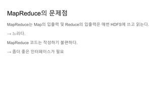 MapReduce의 문제점
MapReduce는 Map의 입출력 및 Reduce의 입출력은 매번 HDFS에 쓰고 읽는다.
→ 느리다.
MapReduce 코드는 작성하기 불편하다.
→ 좀더 좋은 인터페이스가 필요
 