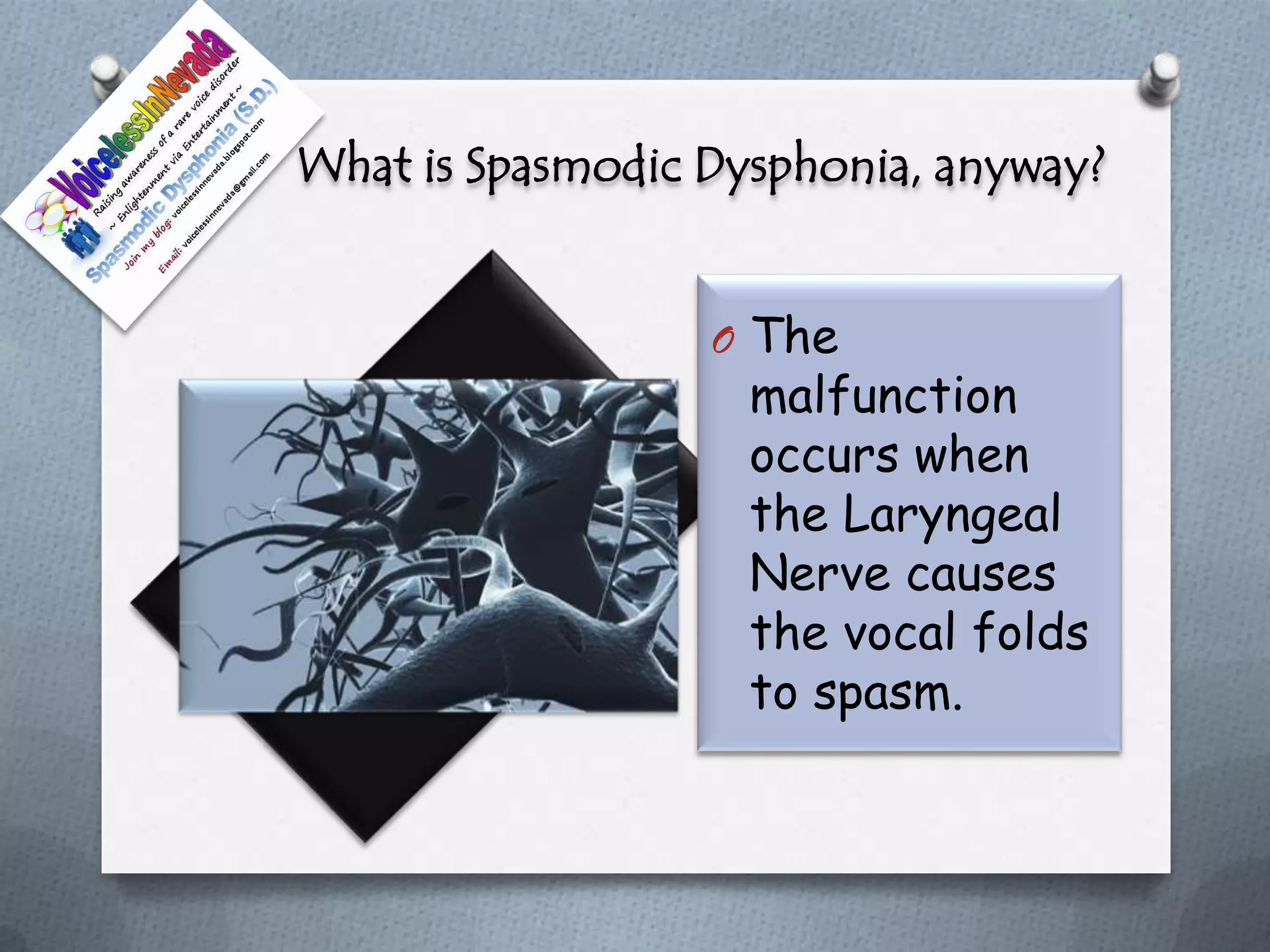 What is Spasmodic Dysphonia, anyway?


                  O The
                    malfunction
                    occurs when
                    the Laryngeal
                    Nerve causes
                    the vocal folds
                    to spasm.
 