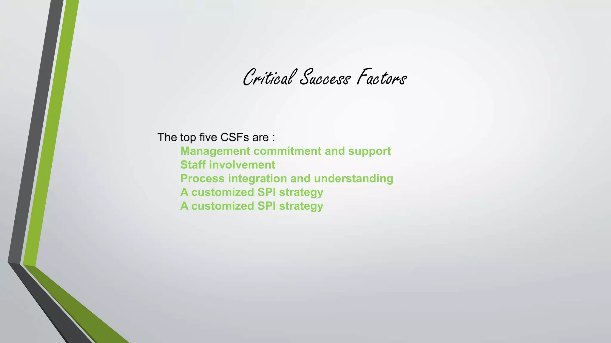 Critical Success Factors 
The top five CSFs are : 
Management commitment and support 
Staff involvement 
Process integration and understanding 
A customized SPI strategy 
A customized SPI strategy 
 