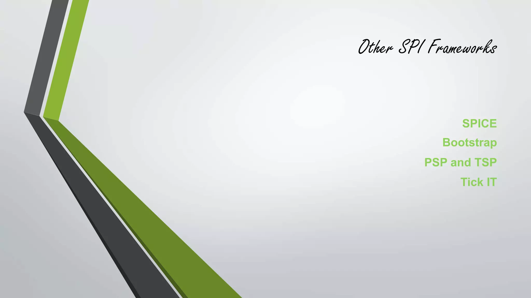 Other SPI Frameworks 
SPICE 
Bootstrap 
PSP and TSP 
Tick IT 
 