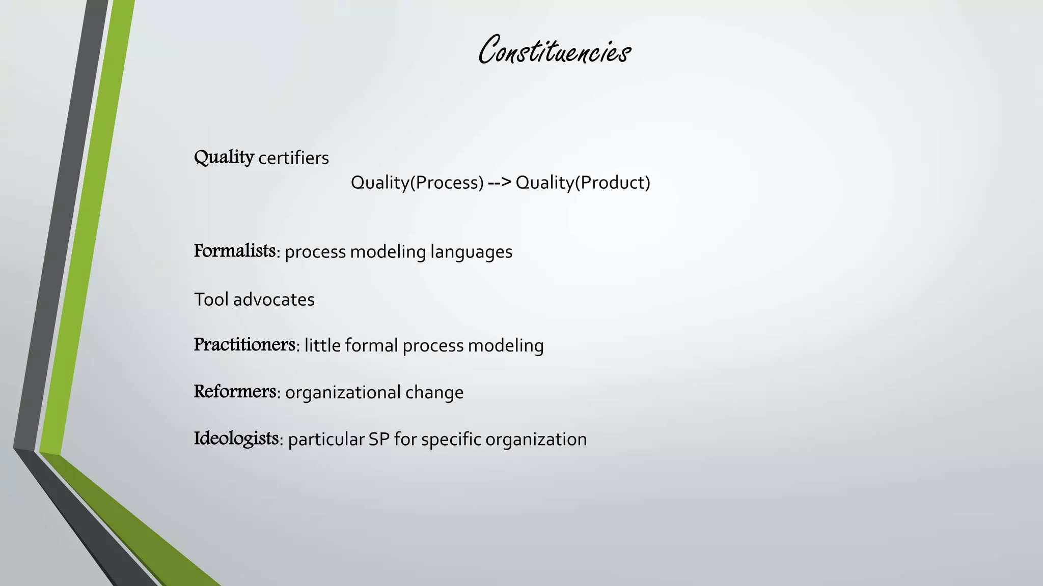Constituencies 
Quality certifiers 
Quality(Process) --> Quality(Product) 
Formalists: process modeling languages 
Tool advocates 
Practitioners: little formal process modeling 
Reformers: organizational change 
Ideologists: particular SP for specific organization 
 