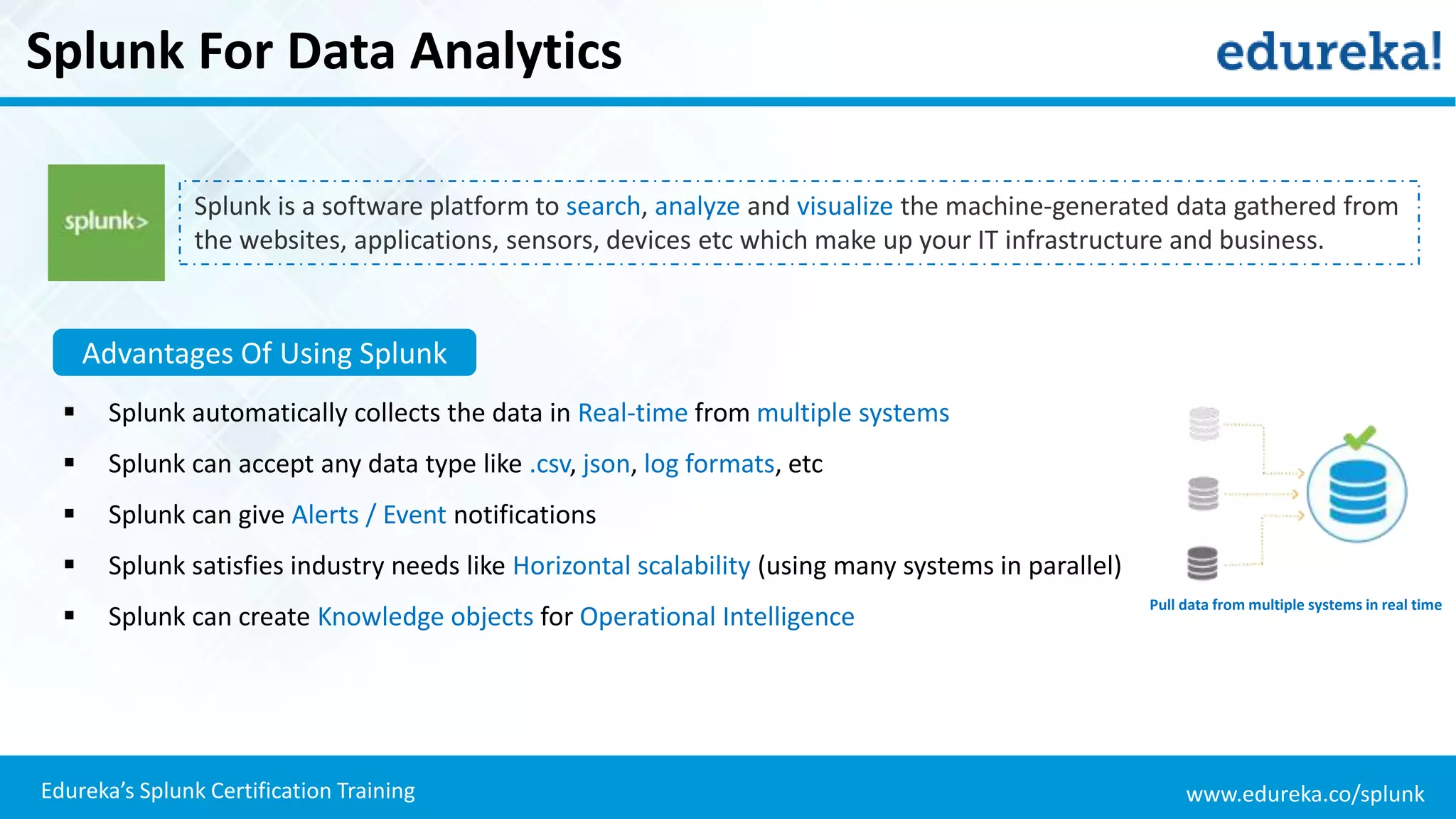 www.edureka.co/splunkEdureka’s Splunk Certification Training
Splunk For Data Analytics
Splunk is a software platform to search, analyze and visualize the machine-generated data gathered from
the websites, applications, sensors, devices etc which make up your IT infrastructure and business.
 Splunk automatically collects the data in Real-time from multiple systems
 Splunk can accept any data type like .csv, json, log formats, etc
 Splunk can give Alerts / Event notifications
 Splunk satisfies industry needs like Horizontal scalability (using many systems in parallel)
 Splunk can create Knowledge objects for Operational Intelligence
Advantages Of Using Splunk
Pull data from multiple systems in real time
 