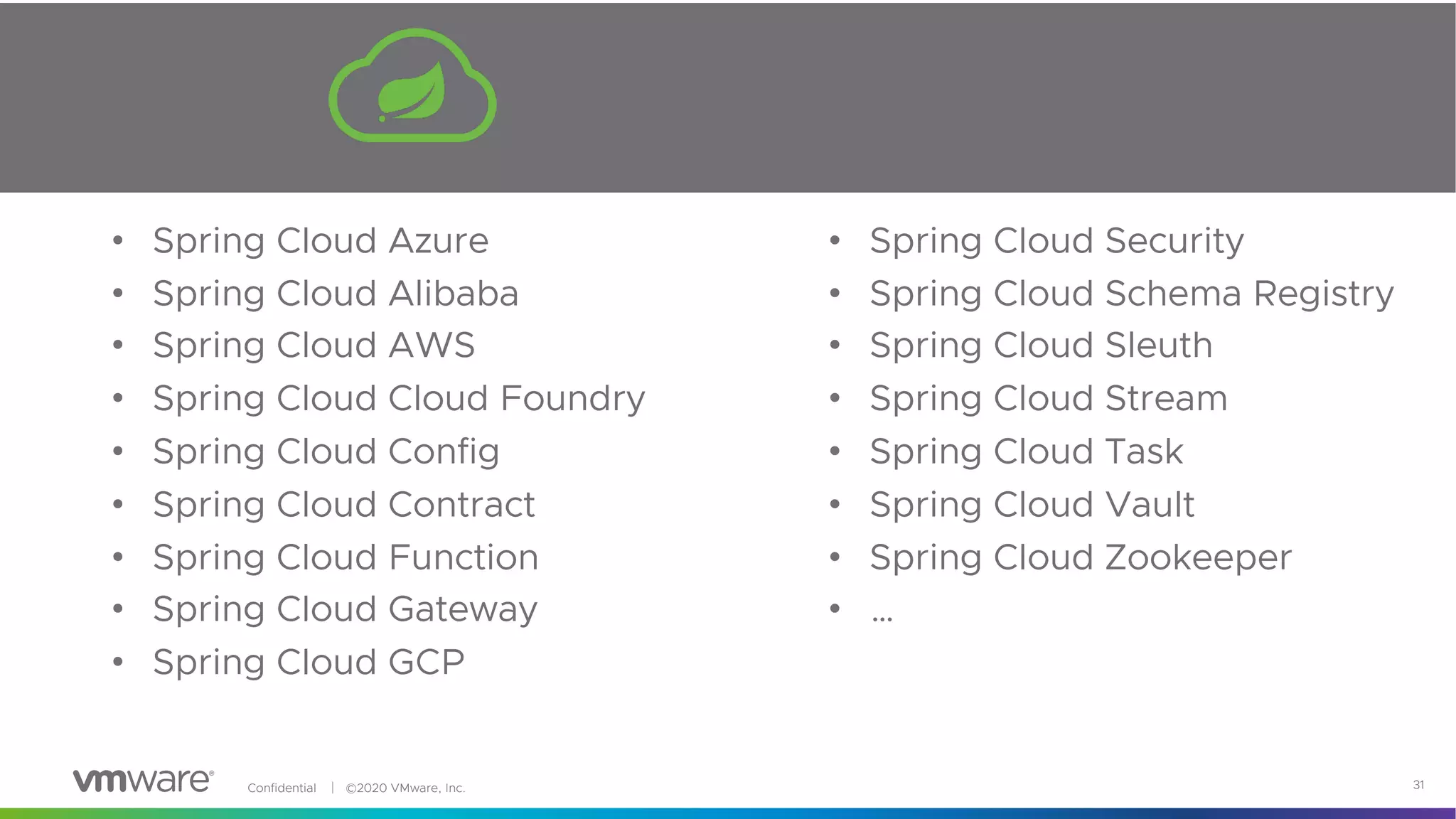 Confidential │ ©2020 VMware, Inc. 31
• Spring Cloud Azure
• Spring Cloud Alibaba
• Spring Cloud AWS
• Spring Cloud Cloud Foundry
• Spring Cloud Config
• Spring Cloud Contract
• Spring Cloud Function
• Spring Cloud Gateway
• Spring Cloud GCP
• Spring Cloud Security
• Spring Cloud Schema Registry
• Spring Cloud Sleuth
• Spring Cloud Stream
• Spring Cloud Task
• Spring Cloud Vault
• Spring Cloud Zookeeper
• …
 