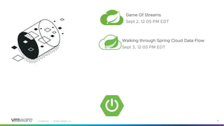 Confidential │ ©2020 VMware, Inc. 46
Game Of Streams
Sept 2, 12:05 PM EDT
Walking through Spring Cloud Data Flow
Sept 3, 12:05 PM EDT
 