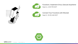 Confidential │ ©2020 VMware, Inc. 52
Functions: Implement Once, Execute Anywhere!
Sept 2, 2:05 PM EDT
Connect Your Functions with RSocket
Sept 3, 10:05 AM EDT
 