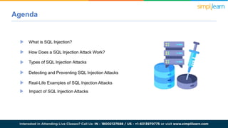 Agenda
What is SQL Injection?
How Does a SQL Injection Attack Work?
Detecting and Preventing SQL Injection Attacks
Real-Life Examples of SQL Injection Attacks
Types of SQL Injection Attacks
Impact of SQL Injection Attacks
 