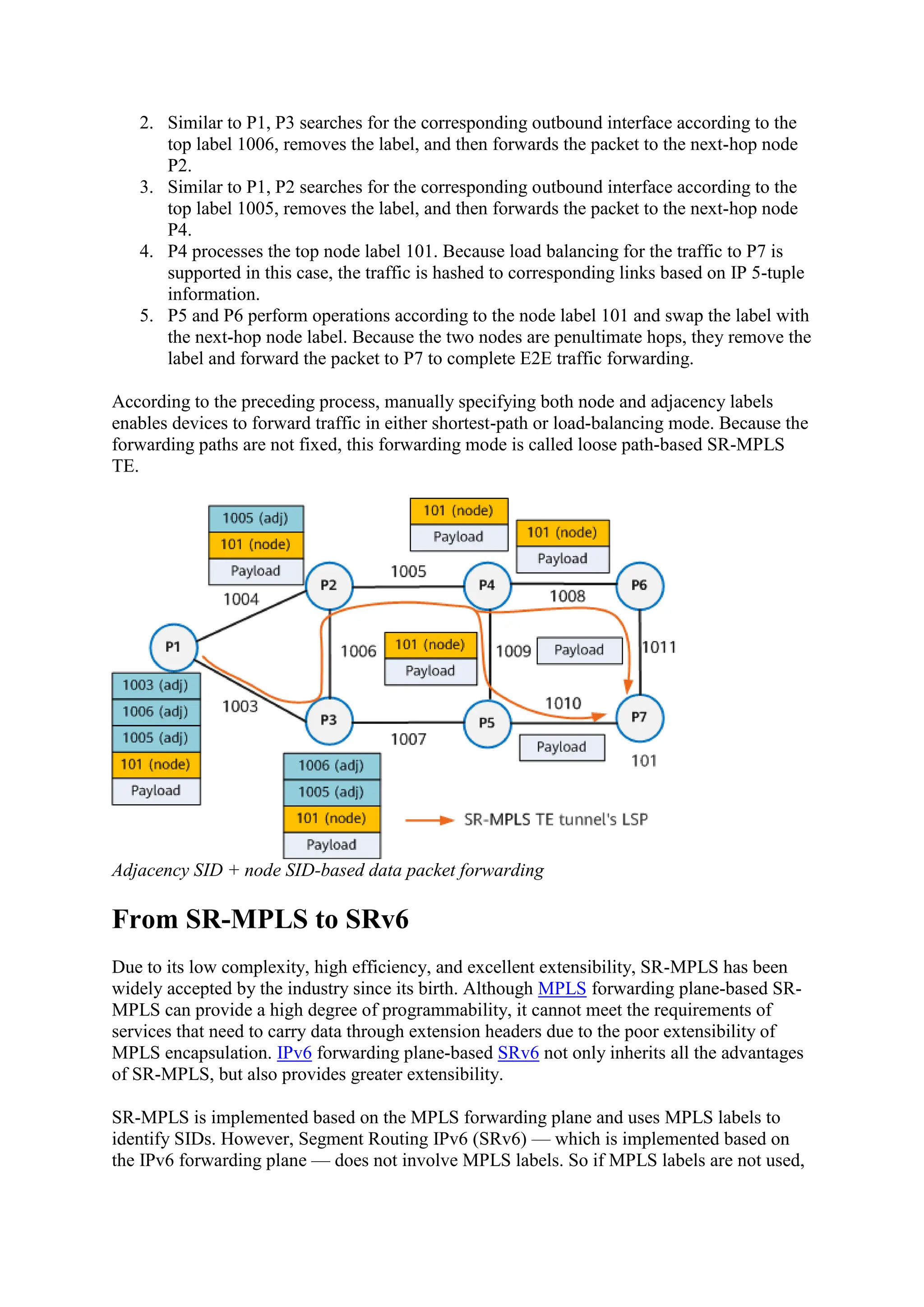 2. Similar to P1, P3 searches for the corresponding outbound interface according to the
top label 1006, removes the label, and then forwards the packet to the next-hop node
P2.
3. Similar to P1, P2 searches for the corresponding outbound interface according to the
top label 1005, removes the label, and then forwards the packet to the next-hop node
P4.
4. P4 processes the top node label 101. Because load balancing for the traffic to P7 is
supported in this case, the traffic is hashed to corresponding links based on IP 5-tuple
information.
5. P5 and P6 perform operations according to the node label 101 and swap the label with
the next-hop node label. Because the two nodes are penultimate hops, they remove the
label and forward the packet to P7 to complete E2E traffic forwarding.
According to the preceding process, manually specifying both node and adjacency labels
enables devices to forward traffic in either shortest-path or load-balancing mode. Because the
forwarding paths are not fixed, this forwarding mode is called loose path-based SR-MPLS
TE.
Adjacency SID + node SID-based data packet forwarding
From SR-MPLS to SRv6
Due to its low complexity, high efficiency, and excellent extensibility, SR-MPLS has been
widely accepted by the industry since its birth. Although MPLS forwarding plane-based SR-
MPLS can provide a high degree of programmability, it cannot meet the requirements of
services that need to carry data through extension headers due to the poor extensibility of
MPLS encapsulation. IPv6 forwarding plane-based SRv6 not only inherits all the advantages
of SR-MPLS, but also provides greater extensibility.
SR-MPLS is implemented based on the MPLS forwarding plane and uses MPLS labels to
identify SIDs. However, Segment Routing IPv6 (SRv6) — which is implemented based on
the IPv6 forwarding plane — does not involve MPLS labels. So if MPLS labels are not used,
 