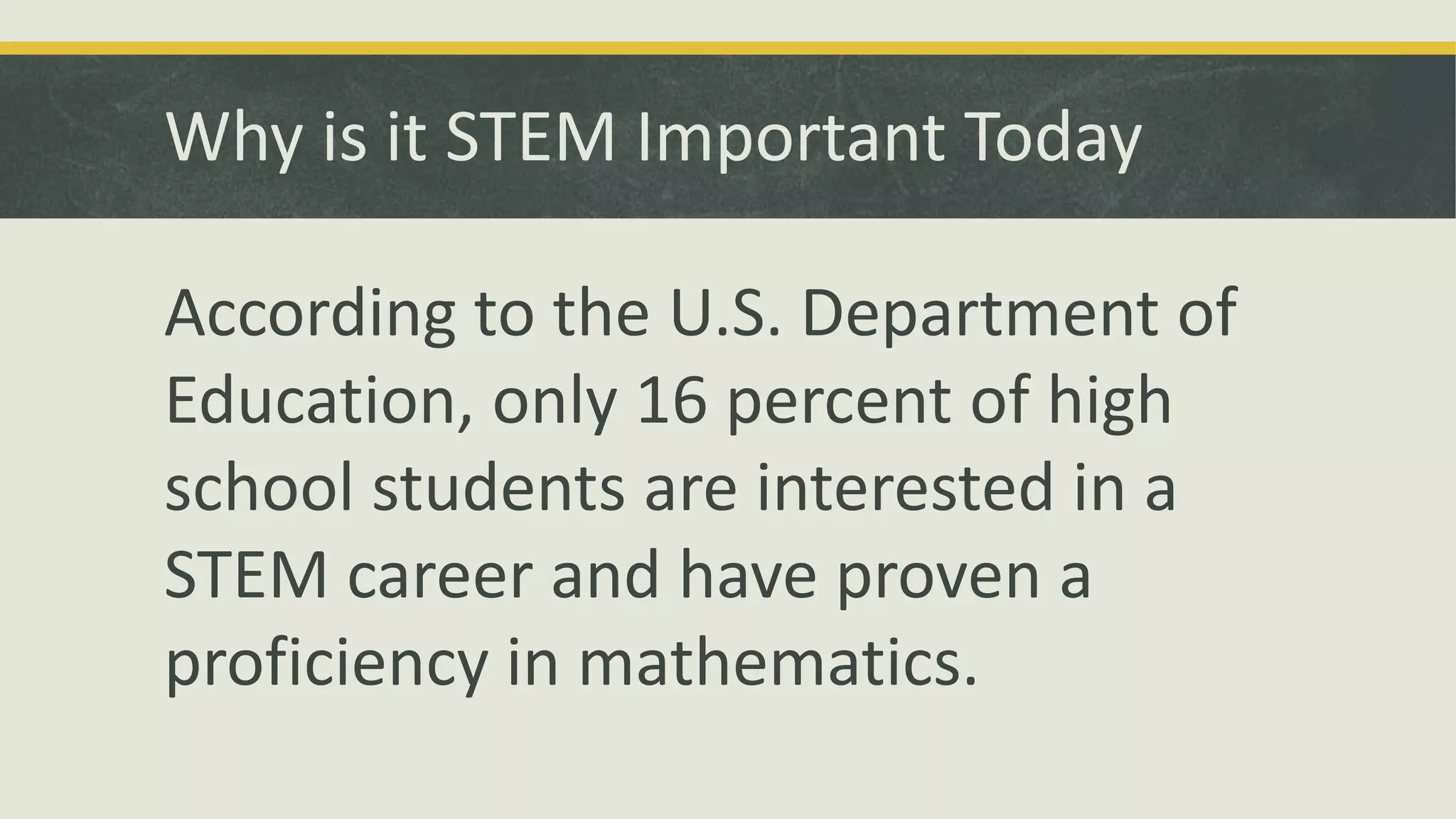 Why is it STEM Important Today
According to the U.S. Department of
Education, only 16 percent of high
school students are interested in a
STEM career and have proven a
proficiency in mathematics.