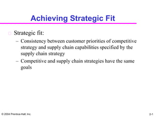 Achieving Strategic Fit
      Strategic             fit:
            – Consistency between customer priorities of competitive
              strategy and supply chain capabilities specified by the
              supply chain strategy
            – Competitive and supply chain strategies have the same
              goals




© 2004 Prentice-Hall, Inc.                                              2-1
 
