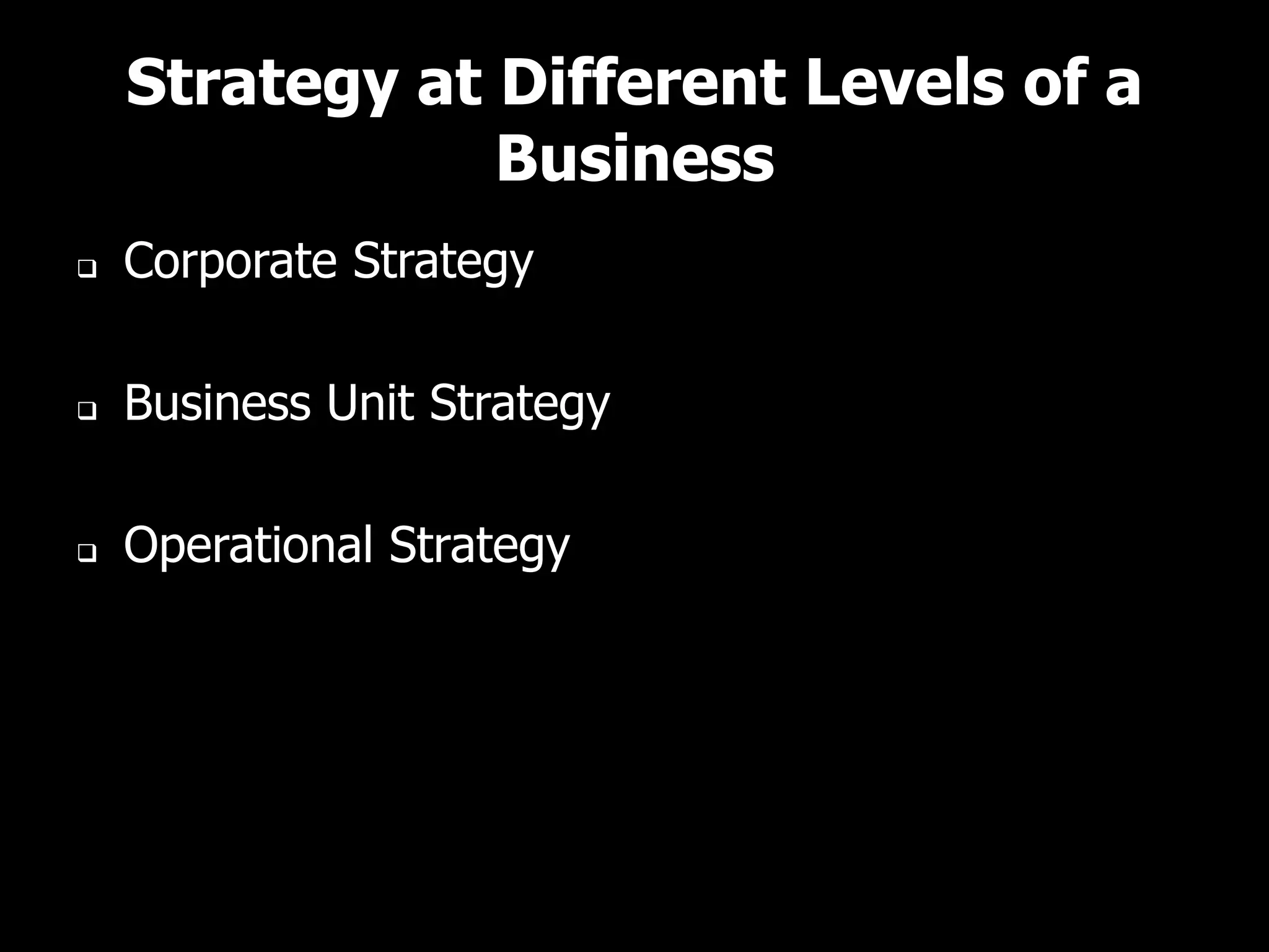 Strategy at Different Levels of a
                Business
   Corporate Strategy

   Business Unit Strategy

   Operational Strategy
 