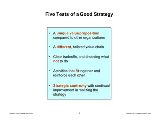 Five Tests of a Good Strategy

• A unique value proposition
compared to other organizations
• A different, tailored value chain
• Clear tradeoffs, and choosing what
not to do
• Activities that fit together and
reinforce each other
• Strategic continuity with continual
improvement in realizing the
strategy

20080603 – SBSCA (strategy Exec Ed).ppt

16

Copyright 2007 © Professor Michael E. Porter

 