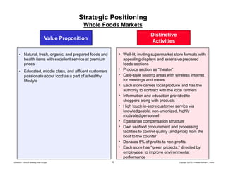 Strategic Positioning
Whole Foods Markets
Distinctive
Activities

Value Proposition
•

• Natural fresh, organic and prepared foods and
Natural, fresh organic,
health items with excellent service at premium
prices

•
•

• Educated, middle class, and affluent customers
passionate about food as a part of a healthy
lifestyle

•
•
•
•
•
•
•

20080603 – SBSCA (strategy Exec Ed).ppt

20

Well-lit,
Well lit inviting supermarket store formats with
appealing displays and extensive prepared
foods sections
Produce section as “theater”
Café-style seating areas with wireless internet
y
g
for meetings and meals
Each store carries local produce and has the
authority to contract with the local farmers
Information and education provided to
shoppers along with products
High touch in-store customer service via
knowledgeable, non-unionized, highly
motivated personnel
Egalitarian compensation structure
Own seafood procurement and processing
facilities to control quality (and price) from the
boat to the counter
Donates 5% of profits to non profits
non-profits
Each store has “green projects,” directed by
employees, to improve environmental
performance
Copyright 2007 © Professor Michael E. Porter

 
