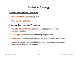 Barriers to Strategy
Flawed Management Concepts
• Misunderstanding of strategy itself
• Poor industry definition

Industry Convergence Pressures
y
g
• Industry conventional wisdom leads all companies to follow
common practices
• Labor agreements limit ways of configuring activities
• Regulation constrains price, product, service or process alternatives
• Customers ask for incompatible features or request new products or
services that do not fit the strategy

20080603 – SBSCA (strategy Exec Ed).ppt

29

Copyright 2007 © Professor Michael E. Porter

 