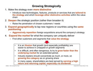 Growing Strategically
1. Make the strategy even more distinctive
− Introduce new technologies features products or services that are tailored to
technologies, features,
the strategy and which leverage other distinctive activities within the value
chain

2. Deepen the strategic position (rather than broaden it)
– Raise the penetration of chosen customers / needs

3. Expand geographically to tap new regions or countries using the same
positioning
– Aggressively reposition foreign acquisitions around the company’s strategy

4. Expand the market for what the company can uniquely deliver
– Find other customers and segments that value the strategy
•
•
•
•

It is an illusion that growth (and especially profitability) are
easier to achieve in untapped or growth segments
It is difficult, and often dangerous, to try to grow faster than the
underlying market for an extended period.
Industry leaders should concentrate as much, or more, on
growing the category as on growing share
In many cases, shareholders are best served by earning a high
return and returning capital, especially via dividends

20080603 – SBSCA (strategy Exec Ed).ppt

35

Copyright 2007 © Professor Michael E. Porter

 