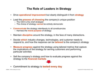 The Role of Leaders in Strategy
• Drive operational improvement but clearly distinguish it from strategy
• Lead the process of choosing the company’s unique position
– The CEO is the chief strategist
– Th choice of strategy cannot b entirely d
The h i
f
be
i l democratic
i

•

Communicate the strategy relentlessly to all constituencies
– Harness the moral purpose of strategy

• Maintain discipline around the strategy, in the face of many distractions.
• Decide which industry changes, technologies, and customer needs to
respond to and how the response can be tailored to the company s strategy
to,
company’s
• Measure progress against the strategy using tailored metrics that capture
the implications of the strategy for serving customers and performing
particular activities
• Sell the company’s strategy and how to evaluate progress against the
strategy to the financial markets

• Commitment to strategy is tested every day
20080603 – SBSCA (strategy Exec Ed).ppt

37

Copyright 2007 © Professor Michael E. Porter

 