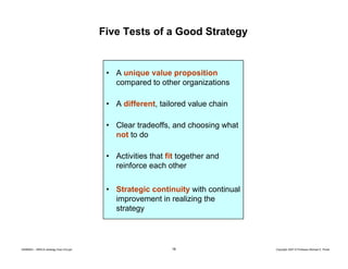 Five Tests of a Good Strategy

• A unique value proposition
compared to other organizations
• A different, tailored value ...