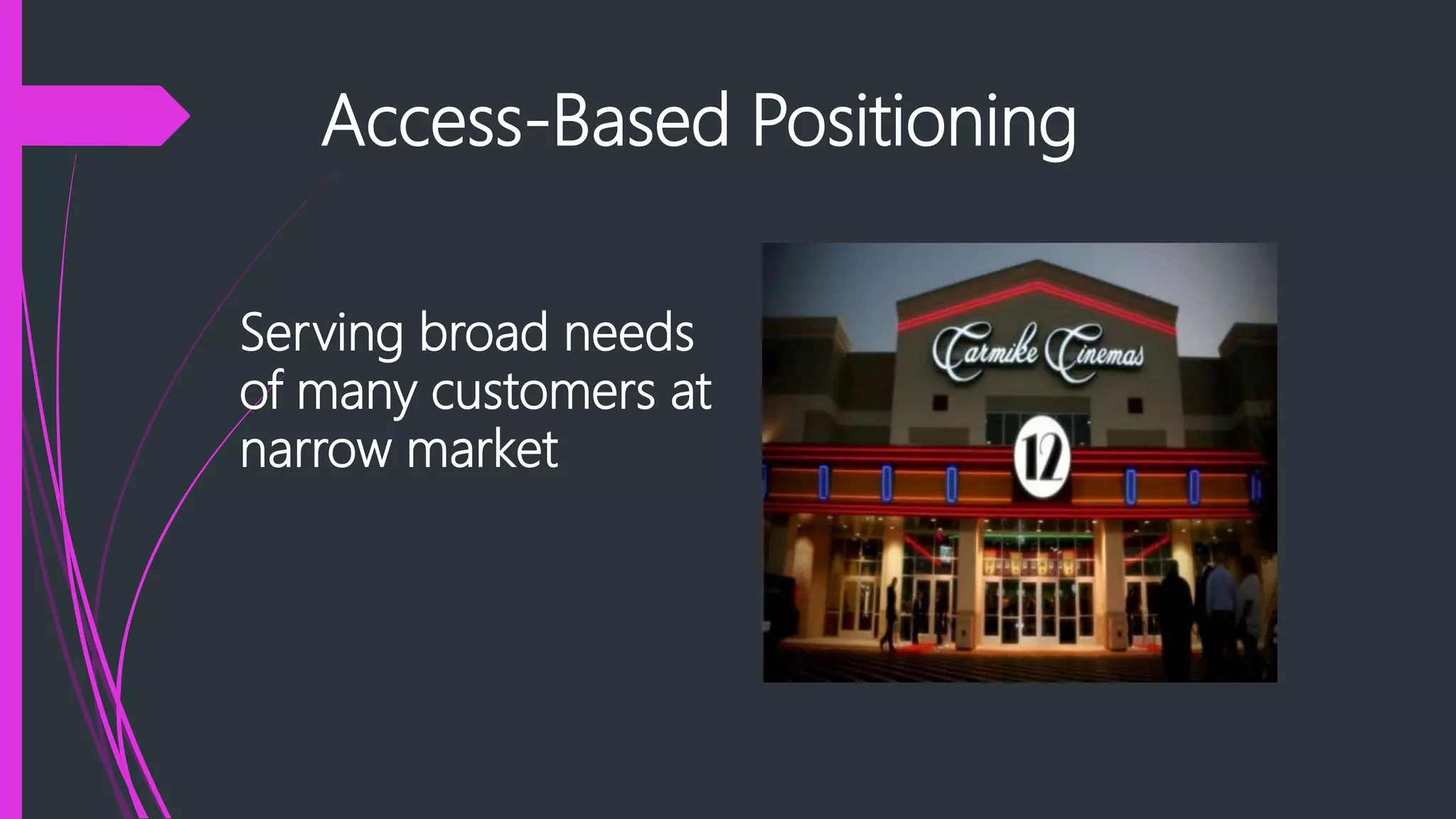 Access-Based Positioning
Serving broad needs
of many customers at
narrow market
 