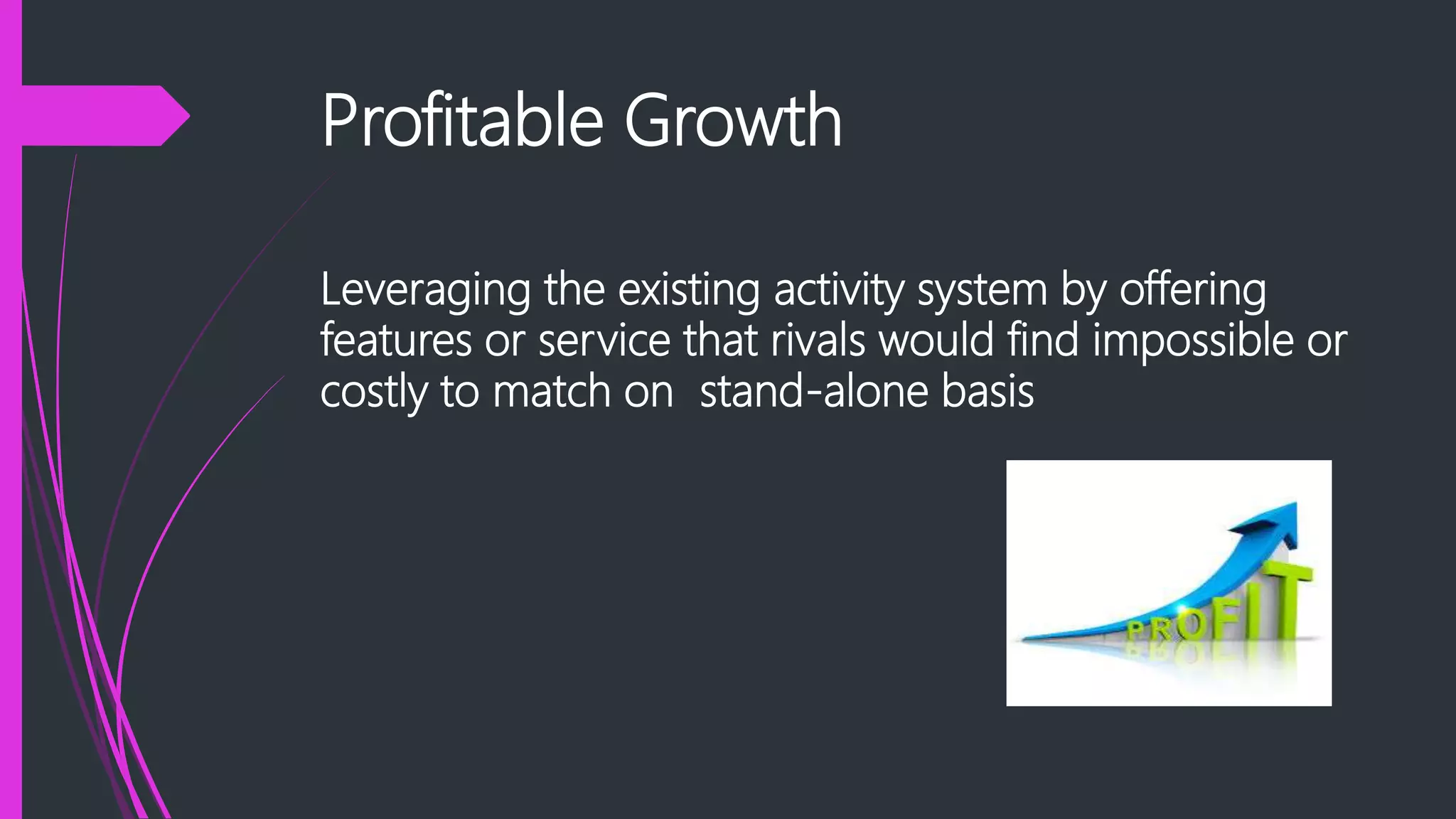 Profitable Growth
Leveraging the existing activity system by offering
features or service that rivals would find impossible or
costly to match on stand-alone basis
 