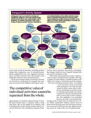 tency across nearly all activities, including product
design that emphasizes ease of manufacturing,
plants configured for low cost, aggressive purchas-
ing to minimize material costs, and in-house parts
production whenever the economics dictate.
Yet Bic goes beyond simple consistency because
its activities are reinforcing. For example, the com-
pany uses point-of-sale displays and frequent pack-
aging changes to stimulate impulse buying. To han-
dle point-of-sale tasks, a company needs a large
sales force. Bic’s is the largest in its industry, and
it handles point-of-sale activities better than its ri-
vals do. Moreover, the combination of point-of-sale
activity, heavy television advertising, and packag-
ing changes yields far more impulse buying than
any activity inisolation could.
Third-order fit goes beyond activity reinforce-
ment to what I call optimization of effort. The Gap,
a retailer of casual clothes, considers product avail-
ability in its stores a critical element of its strategy.
The Gap could keep products either by holding
store inventory or by restocking
from warehouses. The Gap has opti-
mized its effort across these activi-
ties by restocking its selection of ba-
sic clothing almost daily out of three
warehouses, thereby minimizing the
need to carry large in-store invento-
ries. The emphasis is on restocking
because the Gap’s merchandising
strategy sticks to basic items in relatively few col-
ors. While comparable retailers achieve turns of
three to four times per year, the Gap turns its inven-
tory seven and a half times per year. Rapid restock-
ing, moreover, reduces the cost of implementing
72 HARVARD BUSINESS REVIEW November-December 1996
Vanguard’s Activity System
Activity-systemmaps can beuseful forexamining and eachactivitytoidentifyhowotheractivitieswithinthecompany
strengthening strategic fit.A setof basicquestionsshould improveordetractfromtheirperformance.Second,arethere
guidetheprocess.First,is each activityconsistent withthe waystostrengthenhowactivitiesandgroupsofactivities overall
positioning– thevarieties produced,the needsserved, reinforceoneanother?Finally,couldchangesinoneactivity and
thetype ofcustomersaccessed? Ask those responsible for eliminatetheneedtoperformothers?
Limited
Wary of A broad array international Useof
small growth of mutual funds funds due to
redemption funds excluding some volatility and
feesto
fund categories high costs discourage
trading
Very low Efficient investment
expenses management approach Emphasis
Employee passed on to In-house offering good, consistent onbonds
bonuses client management performance andequity
tied to No-loads for standard indexfunds
costsavings funds
Verylowrate
of trading
Shareholder
No Strict cost
broker-dealer No marketing control Long-term education
relationships changes
investment
cautioning
encouraged
aboutrisk
No first-class
No travelfor
commissions Direct executives Straightforward On-line
to brokers or distribution client communication
information distributors and
education access
Limited
Only three
advertising
Vanguard
retail
budget Reliance actively
locations
on word spreadsits
of mouth philosophy
The competitive valueof
individual activities cannotbe
separated from thewhole.
 
