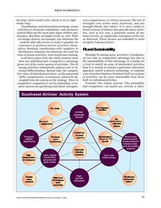 the Gap’s short model cycle, which is six to eight
weeks long.3
Coordination and information exchange across
activities to eliminate redundancy and minimize
wasted effort are the most basic types ofeffort opti-
mization. But there are higher levels as well. Prod-
uct design choices, for example, can eliminate the
need for after-sale service or make it possible for
customers to perform service activities them-
selves. Similarly, coordination with suppliers or
distribution channels can eliminate the need for
some in-house activities, such asend-user training.
In all three types of fit, the whole matters more
than any individual part. Competitive advantage
grows out of the entire system of activities. The fit
among activities substantially reduces cost or in-
creases differentiation. Beyond that, the competi-
tive value of individual activities– or the associated
skills, competencies, or resources –cannot be de-
coupled from the system or the strategy. Thus in
competitive companies it can be misleading to ex-
plain success by specifying individual strengths,
core competencies, or critical resources. The list of
strengths cuts across many functions, and one
strength blends into others. It is more useful to
think in terms of themes that pervade many activi-
ties, such as low cost, a particular notion of cus-
tomer service, or a particular conception of the val-
ue delivered. These themes are embodied in nests
of tightly linked activities.
FitandSustainability
Strategic fit among many activities is fundamen-
tal not only to competitive advantage but also to
the sustainability of that advantage. It is harder for
a rival to match an array of interlocked activities
than it is merely to imitate a particular sales-force
approach, match a process technology, or replicate
a set of product features. Positions built on systems
of activities are far more sustainable than those
built on individualactivities.
Consider this simple exercise. The probability
that competitors can match any activity is often
WHAT IS STRATEGY?
HARVARD BUSINESS REVIEW November-December 1996 73
Southwest Airlines’ Activity System
No meals No baggage
transfers
Limited
passenger
service
No
No seat connections
assignments withother
airlines
Limiteduse
Frequent, 15-minute
of travel
Standardized Short-haul,
reliable gate
agents
fleet of 737 point-to-point
departures turnarounds aircraft routes between
midsize cities
and secondary
Automatic
airports
ticketing
High Lean, highly machines Very low
compensation productive ticket prices
of employees ground and
gate crews
Flexible High level
High ”Southwest,
union of employee
aircraft thelow-fare
contracts stock
utilization airline”
ownership
 