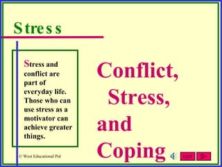 Conflict,  Stress, and Coping Stress S tress and conflict are part of everyday life.  Those who can use stress as a motivator can achieve greater things.  EXIT 