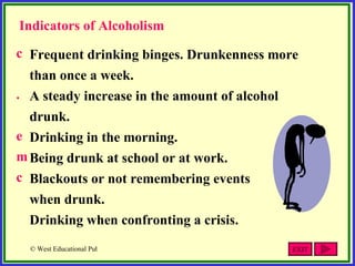 Indicators of Alcoholism <ul><li>Frequent drinking binges. Drunkenness more than once a week. </li></ul><ul><li>A steady i...
