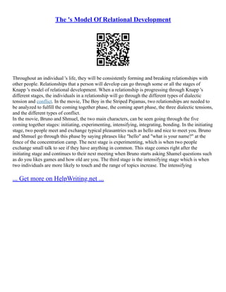 The 's Model Of Relational Development
Throughout an individual 's life, they will be consistently forming and breaking relationships with
other people. Relationships that a person will develop can go through some or all the stages of
Knapp 's model of relational development. When a relationship is progressing through Knapp 's
different stages, the individuals in a relationship will go through the different types of dialectic
tension and conflict. In the movie, The Boy in the Striped Pajamas, two relationships are needed to
be analyzed to fulfill the coming together phase, the coming apart phase, the three dialectic tensions,
and the different types of conflict.
In the movie, Bruno and Shmuel, the two main characters, can be seen going through the five
coming together stages: initiating, experimenting, intensifying, integrating, bonding. In the initiating
stage, two people meet and exchange typical pleasantries such as hello and nice to meet you. Bruno
and Shmuel go through this phase by saying phrases like "hello" and "what is your name?" at the
fence of the concentration camp. The next stage is experimenting, which is when two people
exchange small talk to see if they have anything in common. This stage comes right after the
initiating stage and continues to their next meeting when Bruno starts asking Shamel questions such
as do you likes games and how old are you. The third stage is the intensifying stage which is when
two individuals are more likely to touch and the range of topics increase. The intensifying
... Get more on HelpWriting.net ...
 