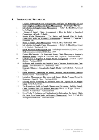 SUPPLY CHAIN MANAGEMENT
INNOREGIO project S. Zygiaris, Msc, BPR Engineer
BPR Hellas SA
20
4 BIBLIOGRAPHIC REFERENCES
1 Logistics and Supply Chain Management : Strategies for Reducing Cost and
Improving Service (Financial Times Management) -- Christopher Martin;
2 Introduction to Supply Chain Management -- Robert B. Handfield, Ernest
L. Jr. Nichols
3 Advanced Supply Chain Management : How to Build a Sustained
Competition -- Charles C. Poirier
4 Supply Chain Management : The Basics and Beyond (The St. Lucie
Press/Apics Series on Resource Management) ~ William C. Copacino /
Published 1997
5 Basics of Supply Chain Management James E. Hill,/ Published 1999
6 Introduction to Supply Chain Management ~ Robert B. Handfield, Ernest
L. Jr. Nichols / Published 1998
7 Quick Response in the Supply Chain Eleni Hadjiconstantinou(Editor), Eleni
Hadjiconstaninou (Editor/Published 1999)
8 Partnership Sourcing : An Integrated Supply Chain Management Approach
(Financial Times) Douglas K. MacBeth, Neil Ferguson / Published 1994
9 Global Cases in Logistics & Supply Chain Management David H. Taylor
(Editor / Published 1997
10 Designing and Managing the Supply Chain: Concepts, Strategies and Case
Studies David Simchi-Levi, / Published 1999
11 Strategic Alliances : Managing the Supply Chain Tim Underhill / Published
1996
12 Quick Response : Managing the Supply Chain to Meet Consumer Demand
Bobn Lowson, / Published 1999
13 Logistical Management: The Integrated Supply Chain Process Donald J.
Bowersox, David J. Closs / Published 1996
14 Keeping Score: Measuring the Business Value of Logistics in the Supply
Chain James S. Keebler,
15 The Executive's Guide to Supply Management Strategies : Building Supply
Chain Thinking into All Business Processes David A. Riggs, Sharon L.
Robbins (Contributor) / Published 1998
16 Erp : Tools, Techniques, and Applications for Integrating the Supply Chain
(St. Lucie Press/Apics Series on Resource Management) Carol A. Ptak, Eli
Schragenheim (Editor / Published 1999
 