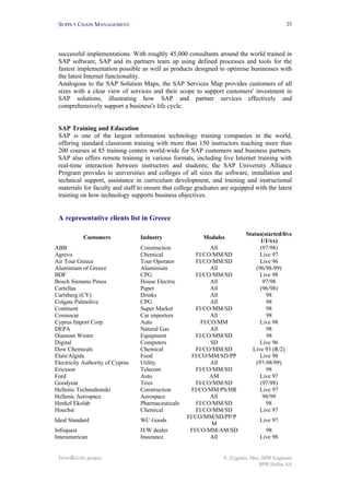 SUPPLY CHAIN MANAGEMENT
INNOREGIO project S. Zygiaris, Msc, BPR Engineer
BPR Hellas SA
25
successful implementations. With roughly 45,000 consultants around the world trained in
SAP software, SAP and its partners team up using defined processes and tools for the
fastest implementation possible as well as products designed to optimise businesses with
the latest Internet functionality.
Analogous to the SAP Solution Maps, the SAP Services Map provides customers of all
sizes with a clear view of services and their scope to support customers' investment in
SAP solutions, illustrating how SAP and partner services effectively and
comprehensively support a business's life cycle.
SAP Training and Education
SAP is one of the largest information technology training companies in the world,
offering standard classroom training with more than 150 instructors teaching more than
200 courses at 85 training centers world-wide for SAP customers and business partners.
SAP also offers remote training in various formats, including live Internet training with
real-time interaction between instructors and students; the SAP University Alliance
Program provides to universities and colleges of all sizes the software, installation and
technical support, assistance in curriculum development, and training and instructional
materials for faculty and staff to ensure that college graduates are equipped with the latest
training on how technology supports business objectives.
A representative clients list in Greece
Customers Industry Modules
Status(started/live
1/1/xx)
ABB Construction All (97/98)
Agrevo Chemical FI/CO/MM/SD Live 97
Air Tour Greece Tour Operator FI/CO/MM/SD Live 96
Aluminium of Greece Aluminium All (96/98-99)
BDF CPG FI/CO/MM/SD Live 98
Bosch Siemens Pitsos House Electric All 97/98
Cartellas Paper All (96/98)
Carlsberg (CY) Drinks All 98
Colgate Palmolive CPG All 98
Continent Super Market FI/CO/MM/SD 98
Cosmocar Car importers All 98
Cyprus Import Corp. Auto FI/CO/MM Live 98
DEPA Natural Gas All 98
Diamont Winter Equipment FI/CO/MM/SD 98
Digital Computers SD Live 96
Dow Chemicals Chemical FI/CO/MM/SD Live 93 (R/2)
Elais/Algida Food FI/CO/MM/SD/PP Live 98
Electricity Authority of Cyprus Utility All (97-98/99)
Ericsson Telecom FI/CO/MM/SD 98
Ford Auto AM Live 97
Goodyear Tires FI/CO/MM/SD (97/98)
Hellenic Technodomiki Construction FI/CO/MM/PS/HR Live 97
Hellenic Aerospace Aerospace All 98/99
Henkel Ekolab Pharmaceuticals FI/CO/MM/SD 98
Hoechst Chemical FI/CO/MM/SD Live 97
Ideal Standard WC Goods
FI/CO/MM/SD/PP/P
M
Live 97
Infoquest H/W dealer FI/CO/MM/AM/SD 98
Interamerican Insurance All Live 98
 