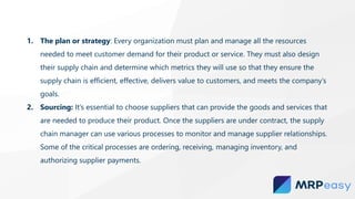 1. The plan or strategy: Every organization must plan and manage all the resources
needed to meet customer demand for their product or service. They must also design
their supply chain and determine which metrics they will use so that they ensure the
supply chain is efficient, effective, delivers value to customers, and meets the company’s
goals.
2. Sourcing: It’s essential to choose suppliers that can provide the goods and services that
are needed to produce their product. Once the suppliers are under contract, the supply
chain manager can use various processes to monitor and manage supplier relationships.
Some of the critical processes are ordering, receiving, managing inventory, and
authorizing supplier payments.
 