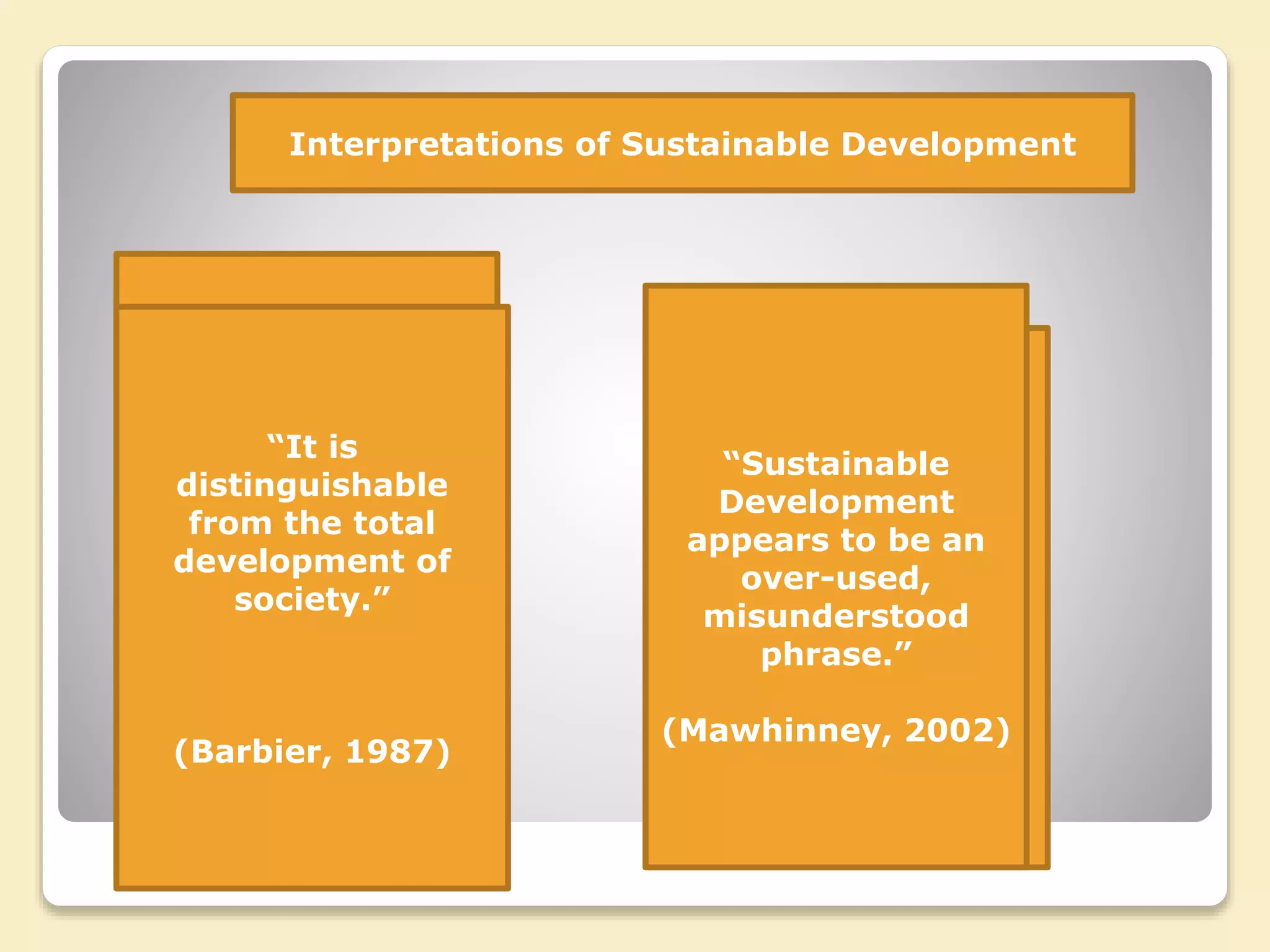 Interpretations of Sustainable Development
“Like Motherhood,
and God, it is
difficult not to
approve of it. At
the same time, the
idea of sustainable
development is
fraught with
contradiction.”
(Redclifft, 1997)
“It is
distinguishable
from the total
development of
society.”
(Barbier, 1987)
“Its very ambiguity
enables it to
transcends the
tensions inherent in
its meaning.”
(O’ Riordan, 1995)
“Sustainable
Development
appears to be an
over-used,
misunderstood
phrase.”
(Mawhinney, 2002)
 