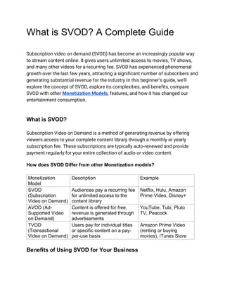 What is SVOD? A Complete Guide
Subscription video on demand (SVOD) has become an increasingly popular way
to stream content online. It gives users unlimited access to movies, TV shows,
and many other videos for a recurring fee. SVOD has experienced phenomenal
growth over the last few years, attracting a significant number of subscribers and
generating substantial revenue for the industry In this beginner’s guide, we’ll
explore the concept of SVOD, explore its complexities, and benefits, compare
SVOD with other Monetization Models, features, and how it has changed our
entertainment consumption.
What is SVOD?
Subscription Video on Demand is a method of generating revenue by offering
viewers access to your complete content library through a monthly or yearly
subscription fee. These subscriptions are typically auto-renewed and provide
payment regularly for your entire collection of audio or video content.
How does SVOD Differ from other Monetization models?
Monetization
Model
Description Example
SVOD
(Subscription
Video on Demand)
Audiences pay a recurring fee
for unlimited access to the
content library
Netflix, Hulu, Amazon
Prime Video, Disney+
AVOD (Ad-
Supported Video
on Demand)
Content is offered for free,
revenue is generated through
advertisements
YouTube, Tubi, Pluto
TV, Peacock
TVOD
(Transactional
Video on Demand)
Users pay for individual titles
or specific content on a pay-
per-use basis
Amazon Prime Video
(renting or buying
movies), iTunes Store
Benefits of Using SVOD for Your Business
 