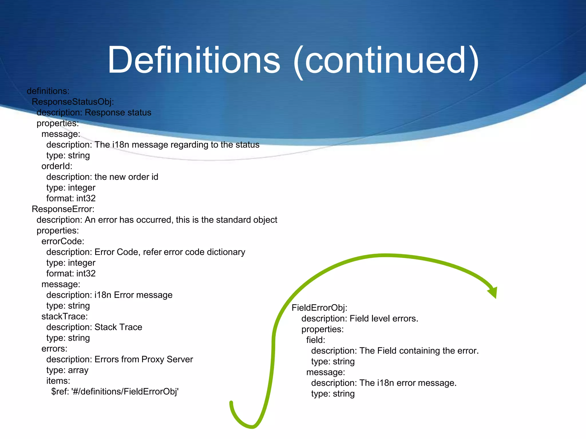 Definitions (continued)
definitions:
ResponseStatusObj:
description: Response status
properties:
message:
description: The i18n message regarding to the status
type: string
orderId:
description: the new order id
type: integer
format: int32
ResponseError:
description: An error has occurred, this is the standard object
properties:
errorCode:
description: Error Code, refer error code dictionary
type: integer
format: int32
message:
description: i18n Error message
type: string
stackTrace:
description: Stack Trace
type: string
errors:
description: Errors from Proxy Server
type: array
items:
$ref: '#/definitions/FieldErrorObj'
FieldErrorObj:
description: Field level errors.
properties:
field:
description: The Field containing the error.
type: string
message:
description: The i18n error message.
type: string
 