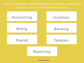 From an individual accounting needs to shop to assembling
endeavor, Tally can everything including:
Accounting
Billing
Payroll
Inventory
Banking
Taxation
Reporting
 