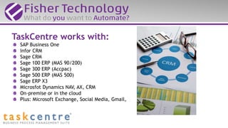 SAP Business One
Infor CRM
Sage CRM
Sage 100 ERP (MAS 90/200)
Sage 300 ERP (Accpac)
Sage 500 ERP (MAS 500)
Sage ERP X3
Microsfot Dynamics NAV, AX, CRM
On-premise or in the cloud
Plus: Microsoft Exchange, Social Media, Gmail,
TaskCentre works with:
 