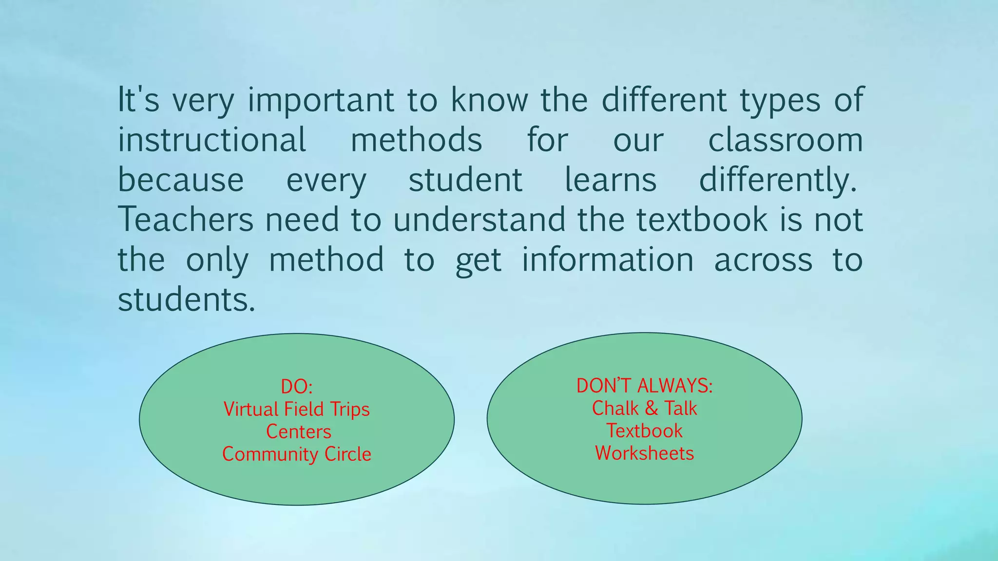 It's very important to know the different types of
instructional methods for our classroom
because every student learns differently.
Teachers need to understand the textbook is not
the only method to get information across to
students.
DO:
Virtual Field Trips
Centers
Community Circle
DON’T ALWAYS:
Chalk & Talk
Textbook
Worksheets
 