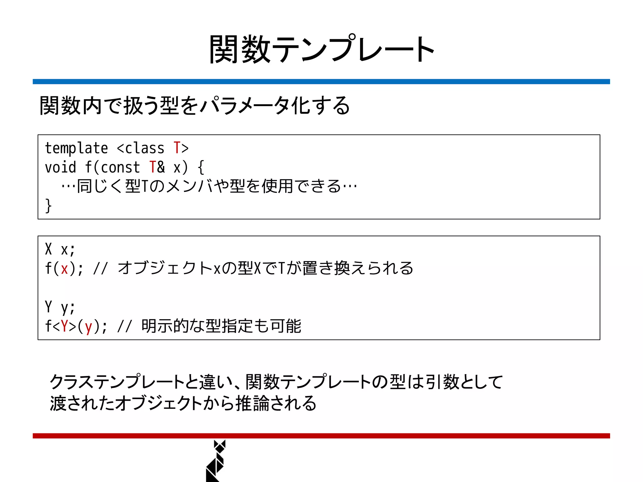 関数テンプレート
関数内で扱う型をパラメータ化する
template <class T>
void f(const T& x) {
  …同じく型Tのメンバや型を使用できる…
}

X x;
f(x); // オブジェクトxの型XでTが置き換えられる

Y y;
f<Y>(y); // 明示的な型指定も可能


クラステンプレートと違い、関数テンプレートの型は引数として
渡されたオブジェクトから推論される
 