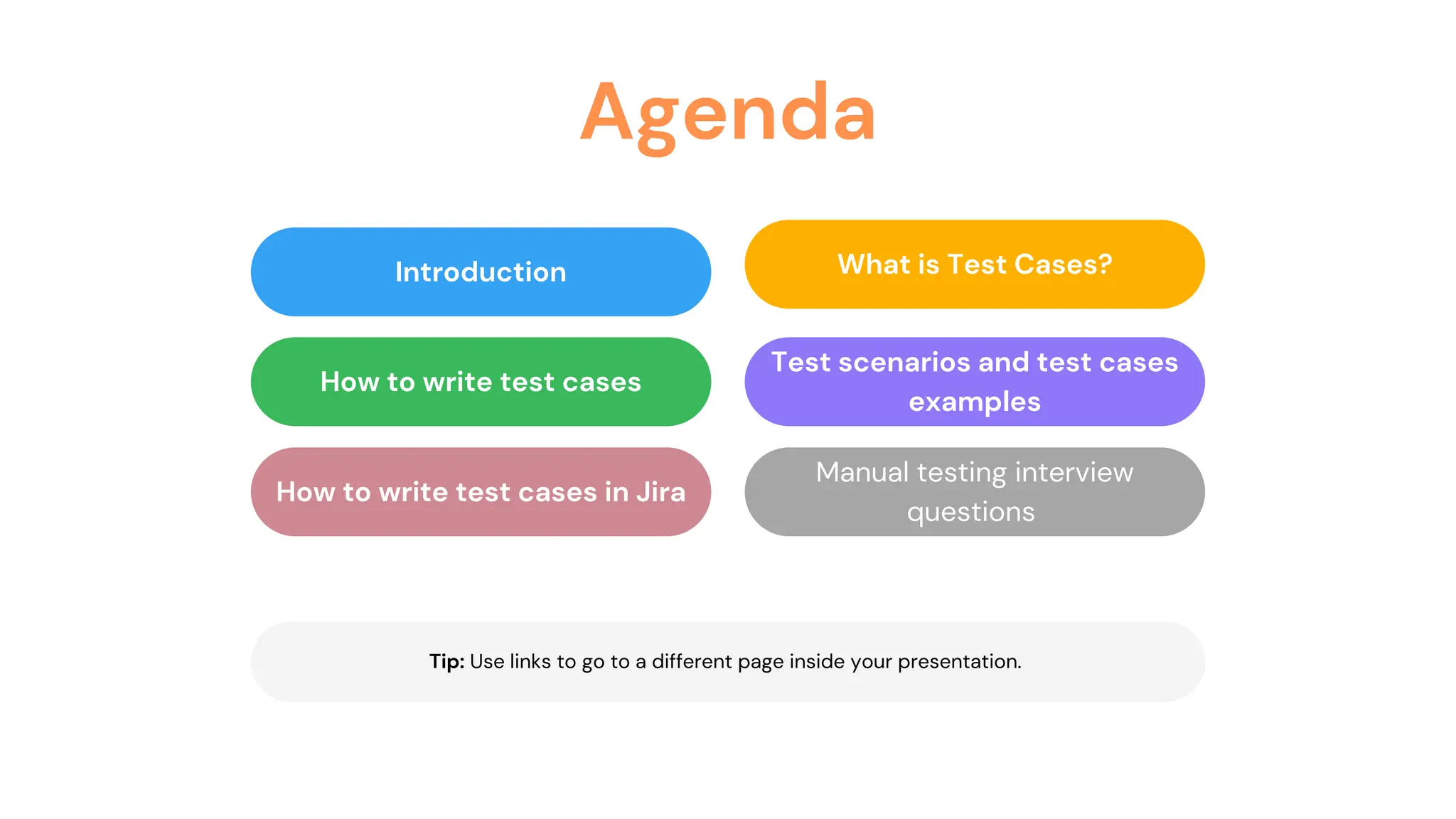 Agenda
Introduction What is Test Cases?
How to write test cases
Test scenarios and test cases
examples
Tip: Use links to go to a different page inside your presentation.
How to write test cases in Jira
Manual testing interview
questions
 